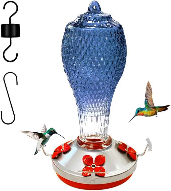 Hummingbird Feeder for Outdoors,17 OZ Glass Humming Bird Feeder for Garden Decor,Four Flowers Feeding Ports,Leak Proof,Ant Moat Included,Humming Gifts for Mom/Women