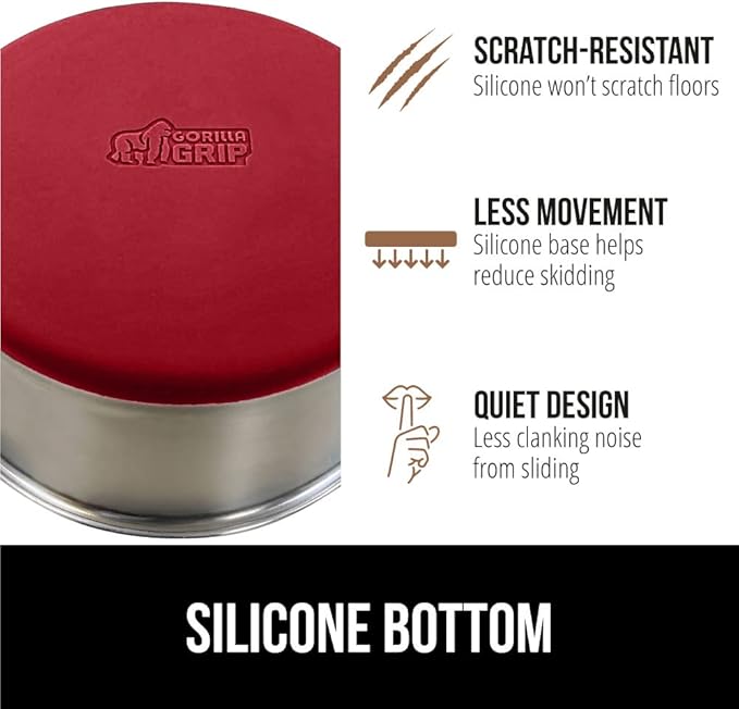 GORILLA GRIP Stainless Steel Metal Dog Bowl, Rubber Base, Heavy Duty Feeding Dish, Food Grade BPA Free, Less Sliding on Floors, Quiet Pet Bowl for Cats and Dogs, Holds 6 Cups (48 fl oz), Red