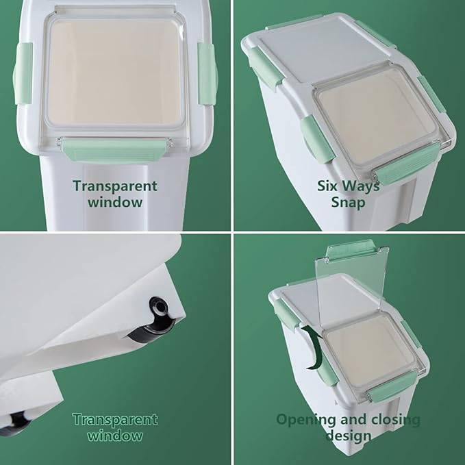 Saim Flour & Food Storage Container 25LB, Rice Dispenser & Dog Food Container with Lid, BPA Free Plastic with Measuring Cup for Rice, Flour, Dry Food Organization Cat Food Bin Bulk on wheels (Green)