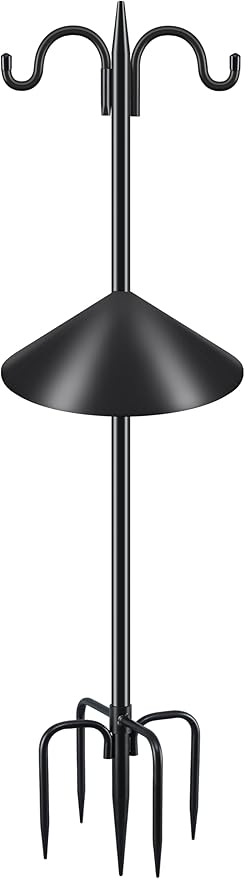 Gtongoko Bird Feeder Pole Squirrel Proof, 108 Inch Double Shepherds Hook for Outdoor with Squirrel Baffles Adjustable Heavy Duty with 5 Prongs Base for Hanging Plants, Bird Feeders, Black