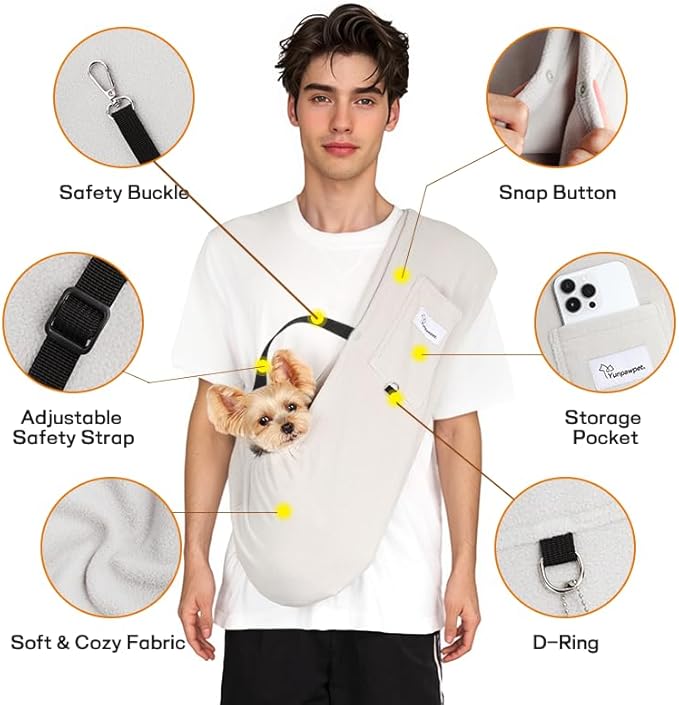 Dog Sling Carrier for Cats and Small Dogs – Hands Free Pet Sling with Adjustable Safety Strap & Buckle, Soft Cat Sling Carrier for Snuggling, Portable Dog Carrier Sling (Large, Grey)
