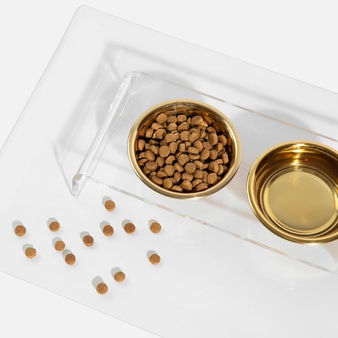 Hiddin Double Elevated Dog Bowl Stand for Small or Medium Dogs, All Breeds, Clear Acrylic 3.5 Inch Raised Dog Bowl Stand with Two Gold Stainless Steel Bowls for Food and Water - 1.5 Cups Each Dish