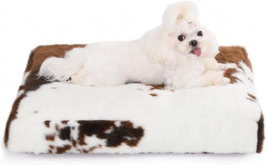 Bedfolks Waterproof Crate Bed, Plush Dog & Cat Bed with Removable Washable Cover, Faux Fur Kennel Pad, 23"x18", Cow Print