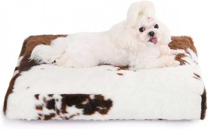 Bedfolks Waterproof Crate Bed, Plush Dog Kennel Pad with Removable Washable Cover, Faux Fur for Small Dogs & Cats, 21"x13", Cow Print