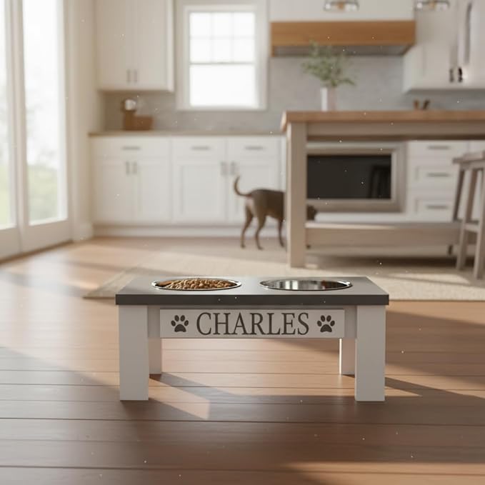 GrooveThis Woodshop Luxury Pet Feeder - Elevated Stand with Stainless Steel Bowls for Small Dogs & Cats, Anti-Slip, Easy Clean, Chic & Durable Design (Small, Grey)