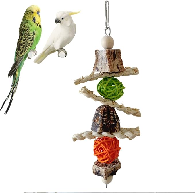 Parrots Chewing Toy Wood Block Nut Rattan Ball Corn Husk with Hanging Hook Entertainment Toy Wood Bird Toy for Parrots Chewing Block Cage Toy Accessories for Cockatiel Parakeets Random Color (1 Pcs)