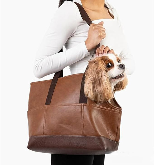 Premium Pet Carrier Tote Bag with Multiple Pockets, Brown/White PU Leather, 18.5L x 7W x 11.5H inches (Brown)
