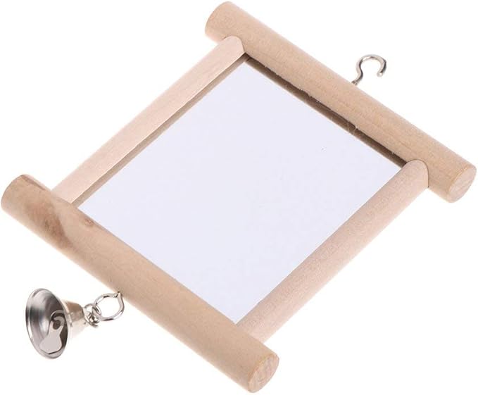 Bird Mirror Wooden Hanging Swing Interactive Play Toys for Small Parrot Budgies Macaw African Grey Parakeet Cockatiel Conure Lovebird Cage Accessories (Bird Mirror with Bell-2 PCS)