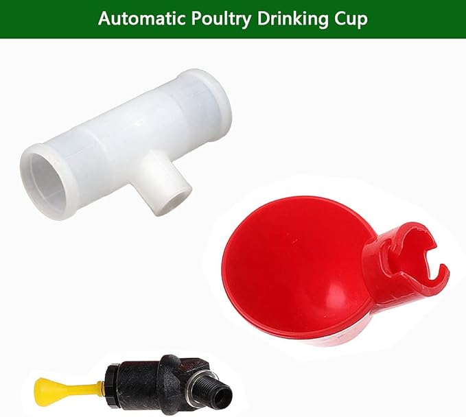 10 Pieces Automatic Poultry Drinking Cups, Chicken Water Feeder Chicken Waterer Drinking Cups and 10 Pieces Chicken Waterer PVC Tee Fittings for Chicken Quail Pigeon Duck