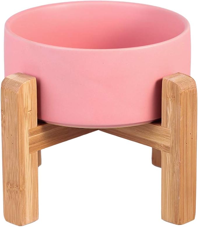 Pink Ceramic Elevated Raised Cat Bowl with Wood Stand No Spill Pet Food Water Feeder Cats Small Dogs