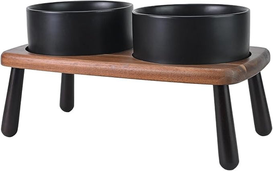 SPUNKYJUNKY Ceramic Elevated Dog Bowls Raised with Acacia Bamboo Wooden Stand, 6.1'' Dog and Cat Food Water Bowls Set Non-Slip for Small Medium Sized Breed Microwave Dishwasher Safe - 28.7 OZ,Black