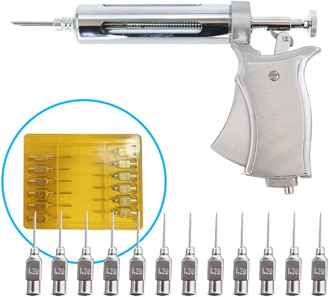 50ML Livestock Syringe Animal Injection Gun,Adjustable Continuous Injection Gun with 12Pcs Stainless Steel Injection Needles for Horses Cattle Pigs Sheep