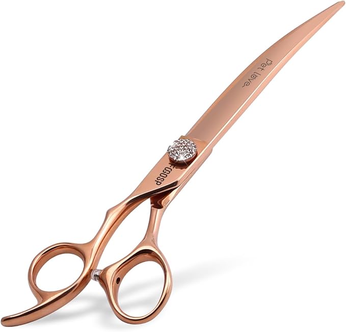 Professional Left Handed Curved Dog Grooming Scissors 8'' Downward 30° Rose Gold Titanium Japan 440C Pet Grooming Trimming Shears for Large Dog Poodle(8,Curved)