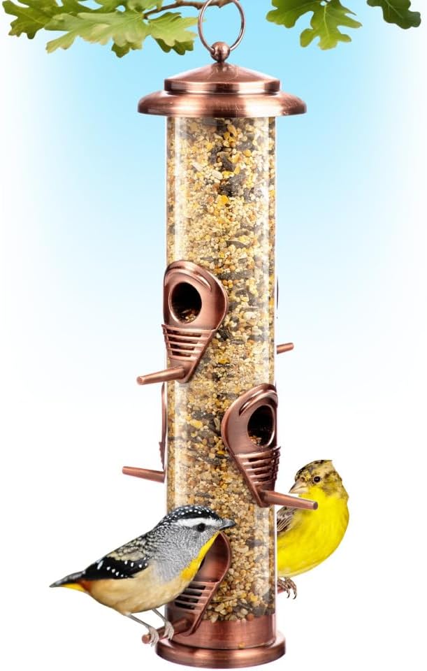 Bird Feeders for Outdoors (Brushed Metal Copper) Squirrel Proof Hanging Bird Feeders with Locking Lid & Adjustable Hanger, Chew-Proof, Weather Resistant 15 Inches 6 Port
