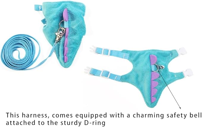 Ferret Leash and Harness Set, Dinosaur Design Small Animal Harness with Leash, Adjustable & Escape-Proof, Soft Plush Comfort for Rabbits, Kitten, Bunny, Hedgehog (Blue)