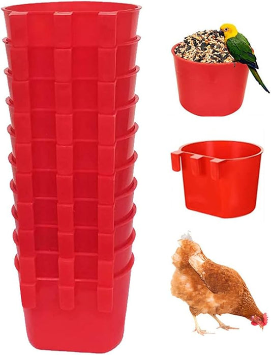 Cage Cups for Chickens,Chicken Feeders Waterer Bird Water Cup,Hanging Quail Waterer,Dish Seed Container Coop Feeder,Plastic Poultry Pet Feeding Water Bowl for Rabbit Pigeon,Round,10 Pack,Red