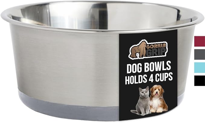 GORILLA GRIP Stainless Steel Metal Dog Bowl, Rubber Base, Heavy Duty Feeding Dish, Food Grade BPA Free, Less Sliding on Floors, Quiet Pet Bowl for Cats and Dogs, Holds 4 Cups (32 fl oz), Gray