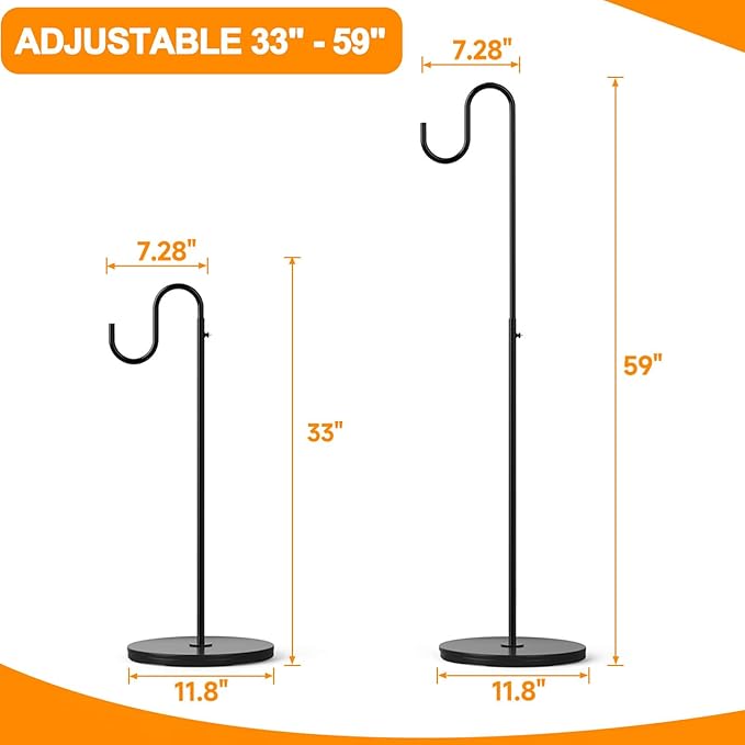 2 Pack 33" - 59" Adjustable Shepherds Hooks Stand, Hanging Wind Chimes, Hummingbird Feeders, Lanterns, Plants and Wreath, Suitable for Outdoor Indoor, Holds Up to 16 LBS