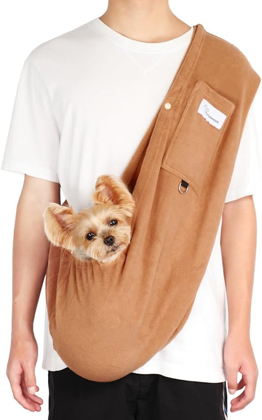 Dog Sling Carrier for Cats and Small Dogs – Hands Free Pet Sling with Adjustable Safety Strap & Buckle, Soft Cat Sling Carrier for Snuggling, Portable Dog Carrier Sling (Large, Khaki)