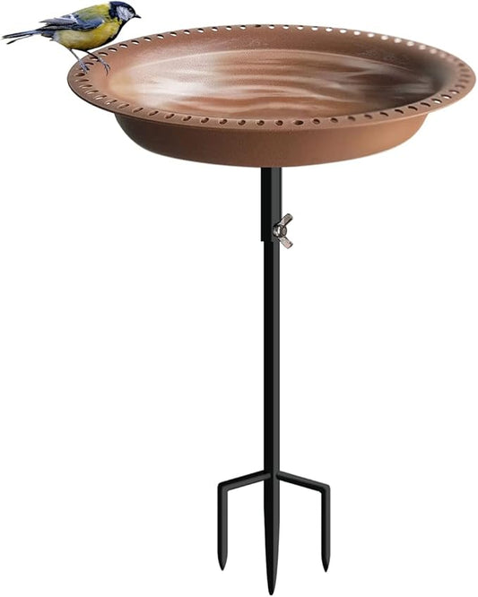 Koutemie 1-¼ Gallon Detachable Free Standing Garden Bird Bath Bird Feeder Bowl with Metal Stake for Outdoor, Deep Brown, 29 Inch