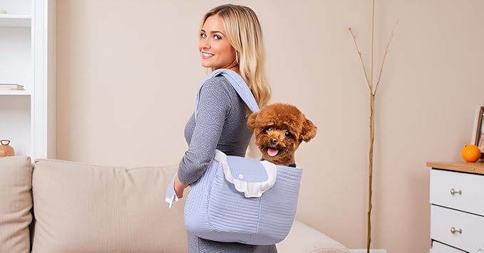 Pet Sling Carrier for Small Dogs ANG cat 3-8 lbs, Breathable Cotton Dog or Cats Purse Carrier with Storage Pocket,for mom Gifts,Hand Free Travel Chest Cat Sling Light Blue (Blue)