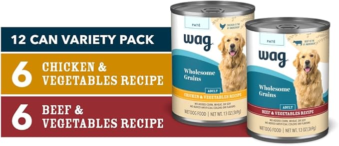 Amazon Brand - Wag Wholesome Grains Canned Wet Dog Food, Variety Pack (Chicken & Vegetables Paté and Beef & Vegetables Paté), Adult Recipe, 13 Ounce (Pack of 12)