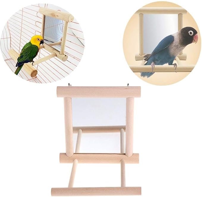 Bird Mirror Wooden Hanging Swing Interactive Play Toys for Small Parrot Budgies Macaw African Grey Parakeet Cockatiel Conure Lovebird Cage Accessories (Bird Mirror Perch Stand-2 PCS)