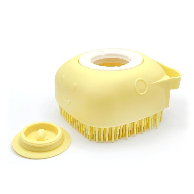HamInWay Dog Bath Brush, 2-in-1 Dog Grooming Brush with Built-in Shampoo Dispenser, Gentle Silicone Bristles for Bath & Massage, Non-Slip Handle, Easy Clean Design for Dogs, Cats & Small Pets, Yellow