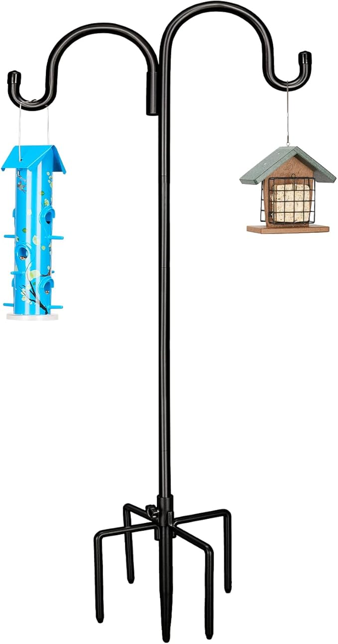 Kingsyard Adjustable Double Shepherds Hook for Outdoor - 92" Heavy Duty Bird Feeder Pole w/ 5-Prong Base, Hummingbird Feeder Stand for Garden, Plant Baskets, Solar Light Lantern