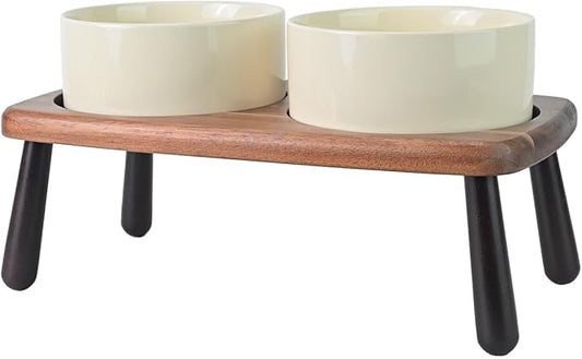 SPUNKYJUNKY Ceramic Elevated Dog Bowls Raised with Acacia Bamboo Wooden Stand, 6.1'' Dog and Cat Food Water Bowls Set Non-Slip for Small Medium Sized Breed Microwave Dishwasher Safe - 28.7 OZ,Beige