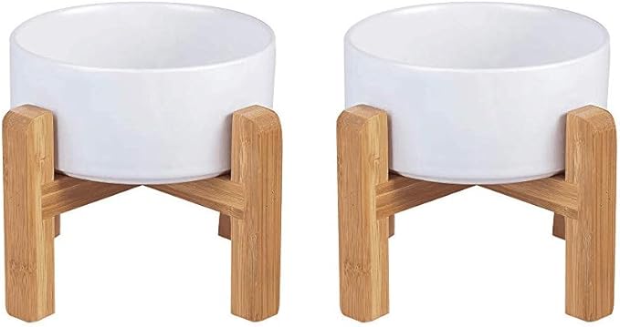 LIONWEI LIONWELI Ceramic Raised Dog Bowls, Medium - Set of 2 - Non Slip Wood Stand - Anti Vomiting - 850 ml - White