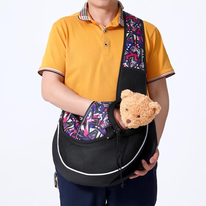 Pet Sling Carrier for Small Dogs & Cats, Mesh Travel Shoulder Bag, 10 lb Capacity, Adjustable Strap, Black with Geometric Pattern (Red camo, Small)