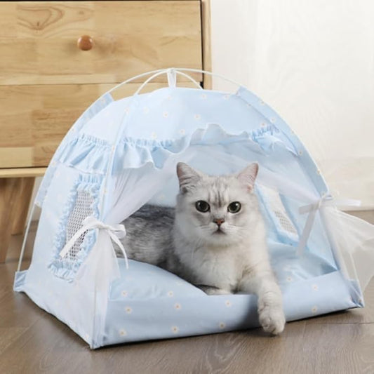 Cat Bed Tents Dog House Indoor Outdoor Lace Mesh Breathable Windows Door Curtains Removable Portable Nest Teepe House (Small,Blue)