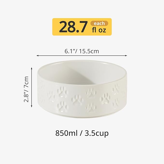 Ceramic Dog Bowl Set, 6.1" Dog Bowls with Anti-Slip Rings for Small Breed Dogs, 3.5 Cup Food and Water Bowls, Pet Dishes for Small-Sized Dogs, Microwave Safe (Double Bowls - White, 6 inch)