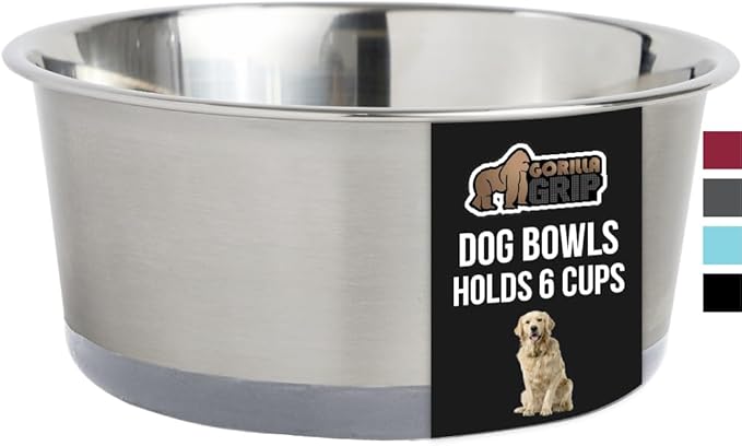 GORILLA GRIP Stainless Steel Metal Dog Bowl, Rubber Base, Heavy Duty Feeding Dish, Food Grade BPA Free, Less Sliding on Floors, Quiet Pet Bowl for Cats and Dogs, Holds 6 Cups (48 fl oz), Gray