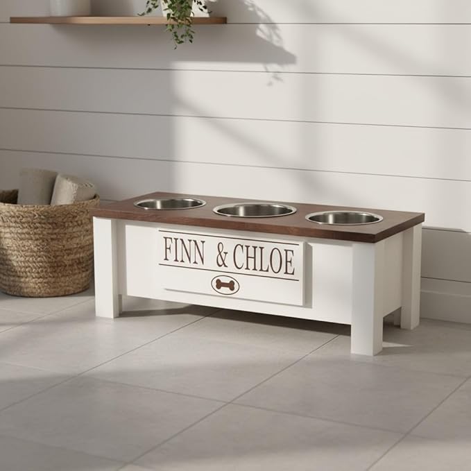 GrooveThis Woodshop - Personalized Elevated Triple Dog Bowl Stand for Large, Medium, Small, X-Small Dogs - 3 Stainless Steel Food and Water Bowls - Raised Dog Dish - Internal Storage (Medium, Brown)