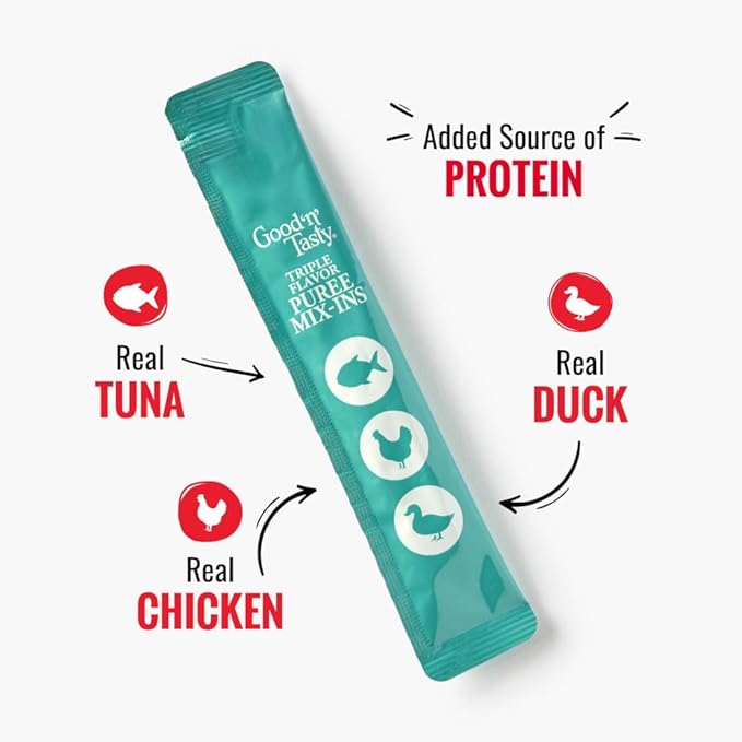 Good 'n' Tasty Triple Flavor Puree Mix-Ins Dog Food Topper Treats for All Dogs, 7 Count, Easy Single-Serve Portions, Added Protein with Tuna, Chicken and Duck (Pack of 2)