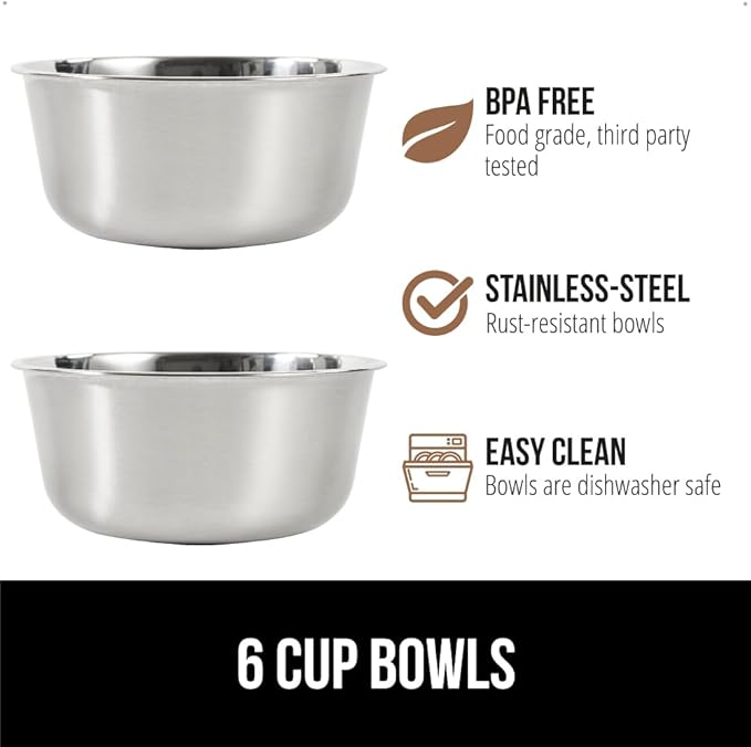 GORILLA GRIP Elevated Dog Bowls Stand, 6 Cup Stainless Steel Food Bowl Set of 2, 5 Height Adjustable Raised Feeding Station for Small Breed Puppy Dogs and Cats, Medium, Large Sized Pets Feeder, Beige