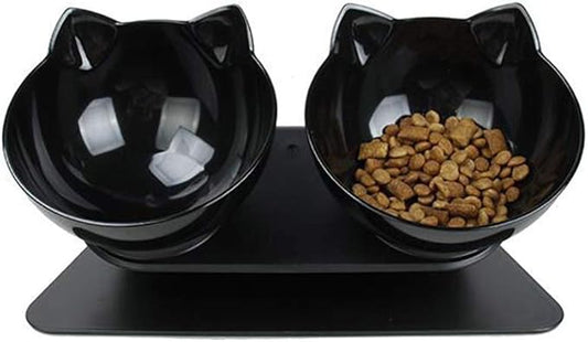 Luck Dawn Double Elevated Cat Bowls with Raised Stand, 15 Tilted cat Bowl Design Neck Guard Stand Raised Pet Food Water Feeder Bowl for Cats or Small Dogs
