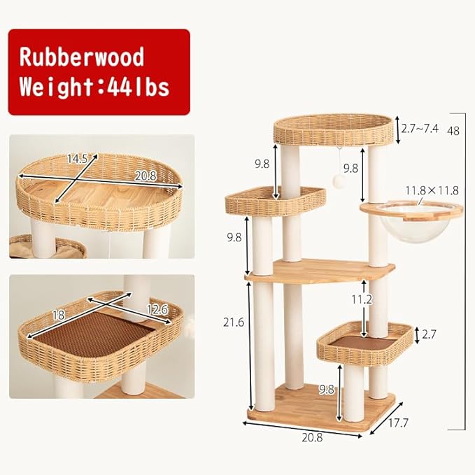 48'' Cat Tree for Large Cats, Modern Cat Tree Multi-Level Condo with Natural Wood, Cat Activity Centre for Medium and Big Pets (White LS02)