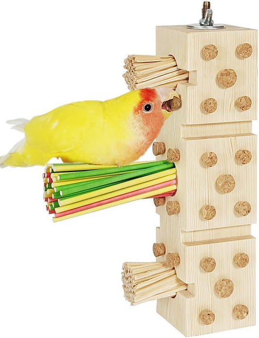 Parrot Toy Cage Perch with Pine Wood Foraging Smart Chewing Toy Soft Corks for Small to Regular Size Parrot Cockatiel Foraging Toy