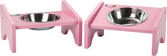 Elevated Cat Bowls,2 Stainless Steel Pet Food Water Feeder,15°Tilted Raised Pet Dish, Slanted Dog Bowl with Wood Stand for Kitty and Puppy,Wide 5.51" (Pink)