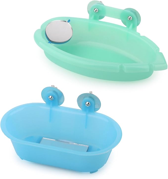 Wontee Bird Bath Box with Mirror Portable Parrot Hanging Bathroom Bathing Tub for Small Birds Cleaning Supplies (Blue(B)+Green)
