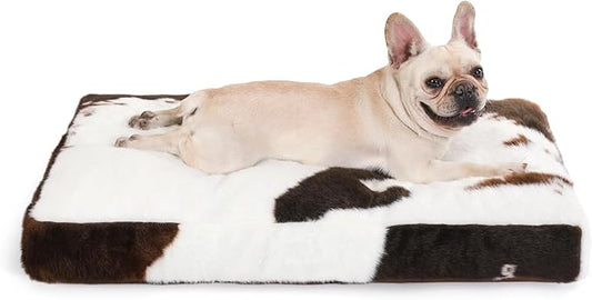 Bedfolks Waterproof Crate Bed, Plush Dog Kennel Pad with Removable Washable Cover, Faux Fur, Fluffy 35"x23", Cow Print