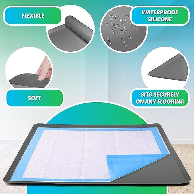 TidyFriend Dog Pad Holder Tray for 30 x 36 Inches Training Pads, Silicon Wee Wee Pad Holder, No Spill Pee Pad Holder for Dogs - Easy to Clean and Store Perfect for Dog Potty Tray (Grey)