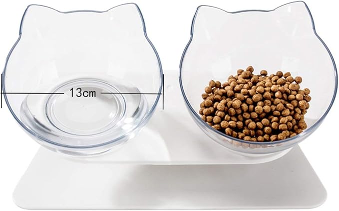 Luck Dawn Double Elevated Cat Bowls with Raised Stand, 15 Tilted cat Design Neck Guard Stand Pet Food Water Feeder Bowl for Cats or Small Dogs