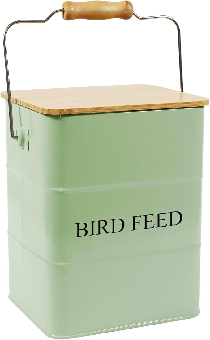 Metal Bird Seeds storage container,Outdoor Bird Food Container Canister, Pet Food Bin with Wooden Lid/Handle/Food scoop,hold 5-6 Lbs of Wild Bird Seed Sunflower Seed-Preventing Squirrels-Green