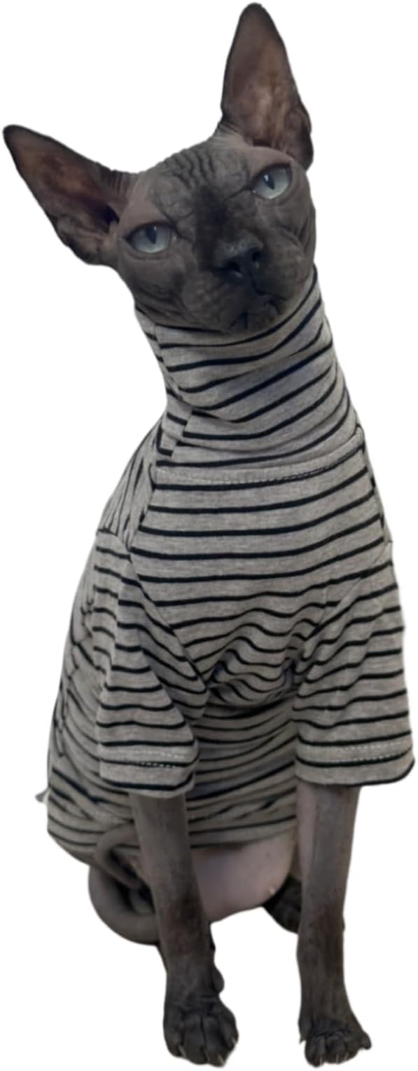 Vintage Stripes Sphynx Hairless Cats Shirt Cotton Cat Turtleneck Pet Clothes Kitten T-Shirts with Sleeves for Sphynx Cornish Rex, Devon Rex, Peterbald (Grey Stripe, X-Large (Pack of 1))