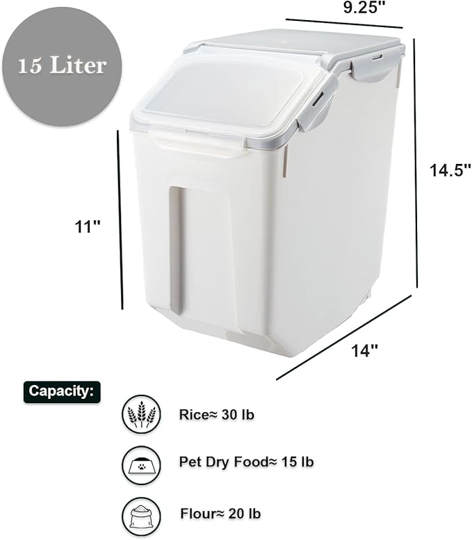 HANAMYA 15 Liter / 30 lbs Rice Storage Container with Measuring Cup, BPA free, For Rice | Grain | Pet Food | Flour, 2 count, White & Gray