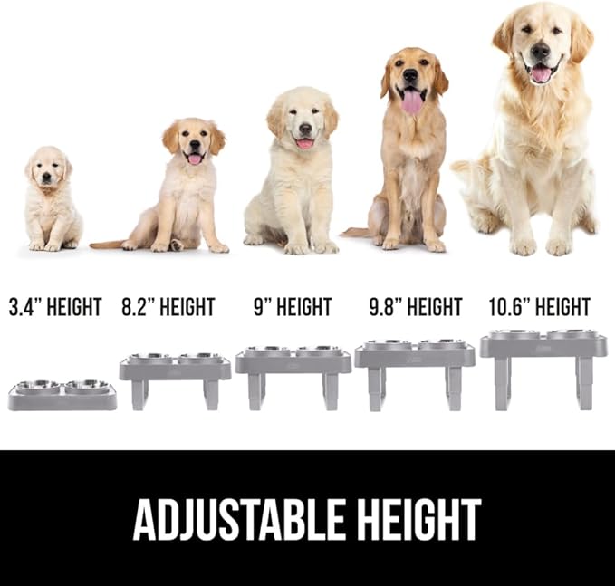 GORILLA GRIP Elevated Dog Bowls Stand, 6 Cup Stainless Steel Food Bowl Set of 2, 5 Height Adjustable Raised Feeding Station for Small Breed Puppy Dogs and Cats, Medium, Large Sized Pets Feeder, Gray